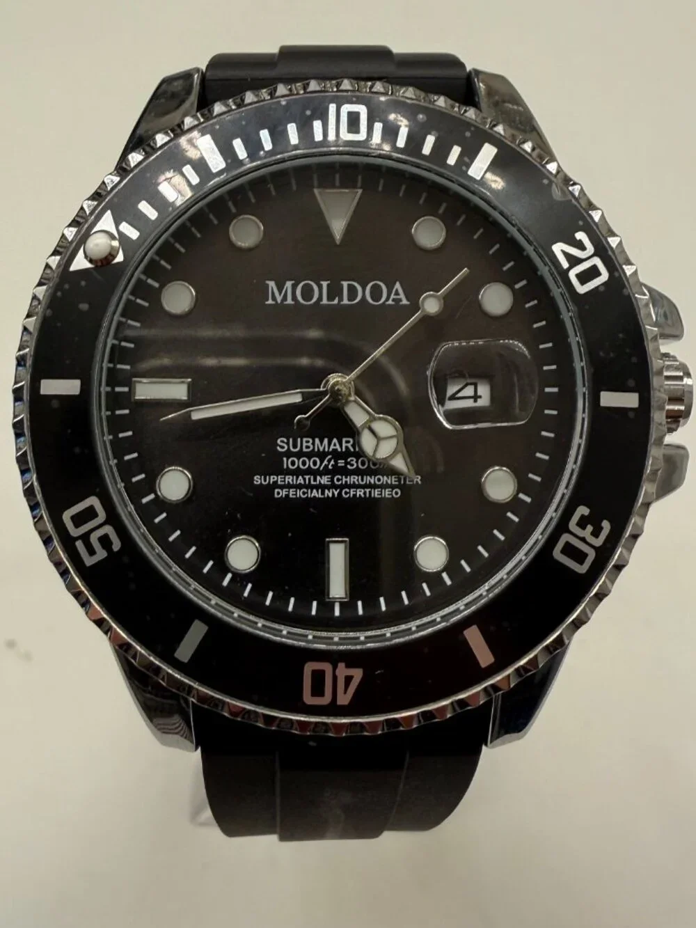 MOLDOA DIVER MENS BLACK 43MM AUTOMATIC DATE STEEL RUBBER BAND WATCH NIB